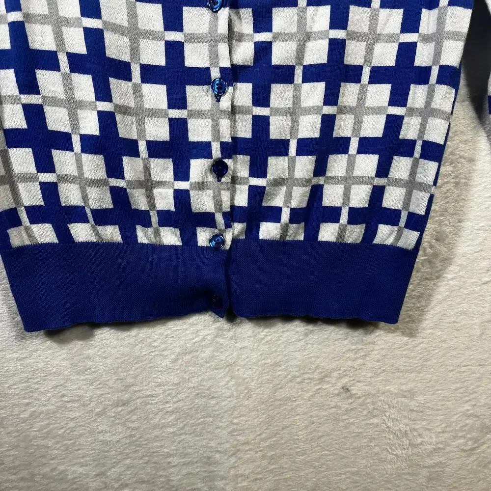 CAbi‎ Women's Cardigan Sweater Size Small Preppy Geometric Print Button Up Blue